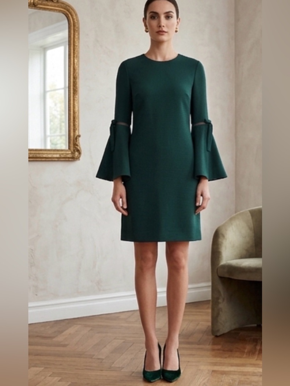 New Oscar De La Renta Wool Blend Forest Green Dress.